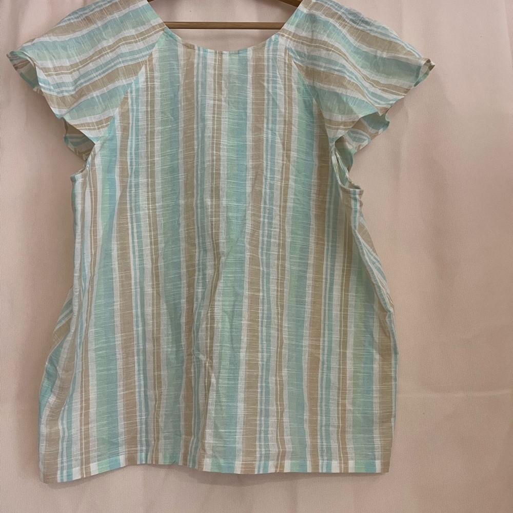 French Laundry Green Blue Ruffled Bib Collar Blouse - Picture 5 of 8